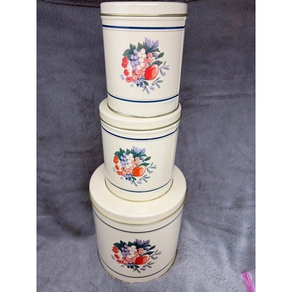 Set of 3 Vintage 1990 Hallmark Ballonoff Tin Canisters a Fruit Motif Cottagecore